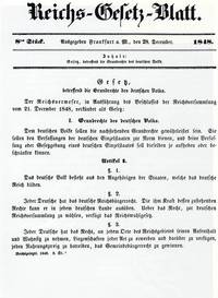 Erste Seite des Reichsgesetzblatt mit der Verkündung der Grundrechte des deutschen Volkes